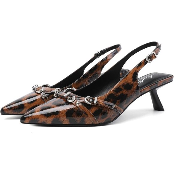 Women's Leopard Pointed Toe Pumps Patent Leather Slingback Heels With Buckle - Picture 6 of 9